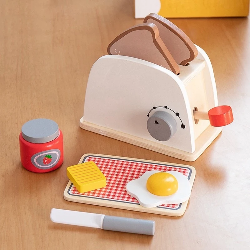 Wooden -Up Toaster Toy Play Kitchen Accessories Play Food Bread, Butter, Poached Egg Cutting Pretend Toys For Kid Durable