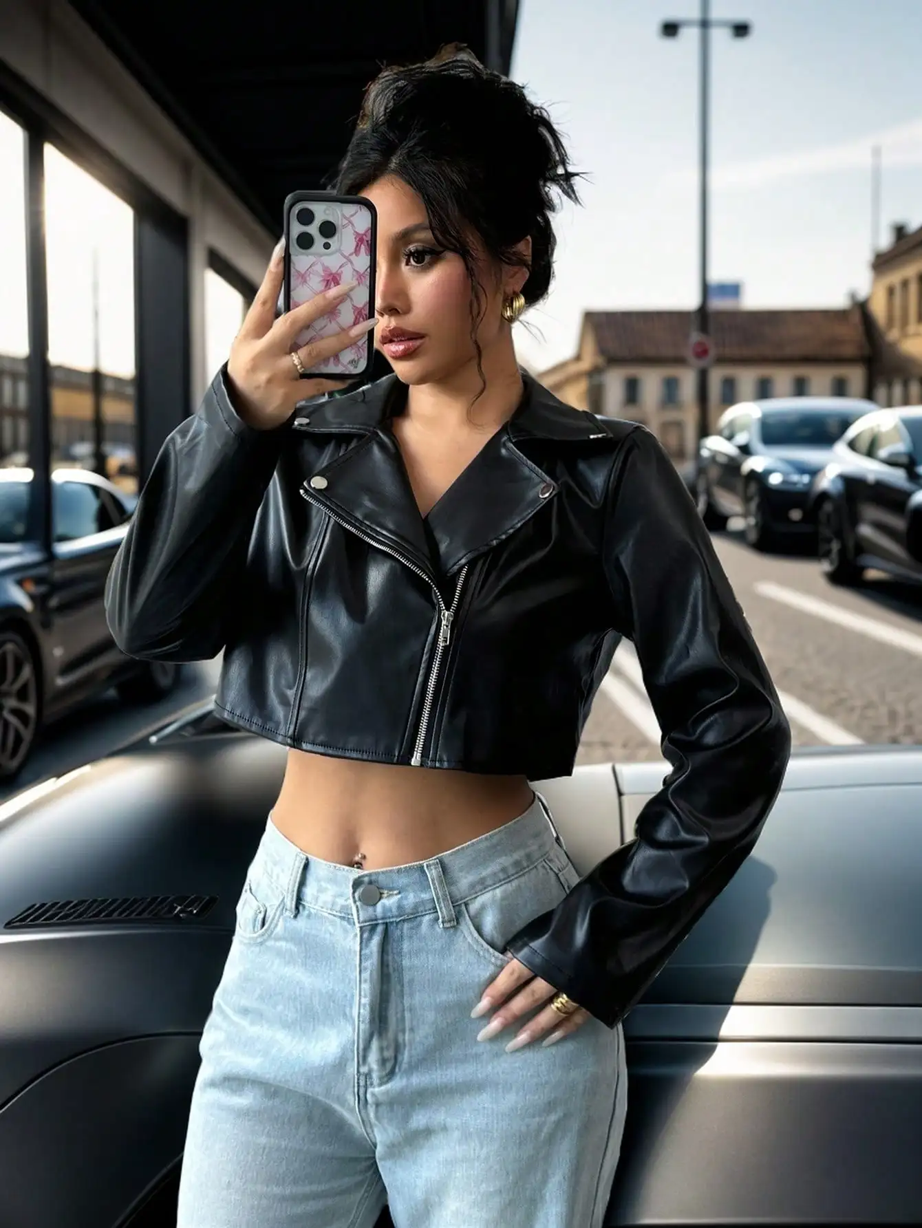 

Женская укороченная куртка из искусственной кожи в байкерском стиле с металлической молнией для осенне-зимней уличной моды