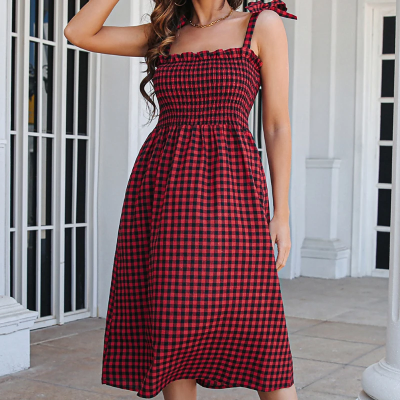 레트로 캐주얼 대비 슬래시 우드 이어 스트랩 여성용 드레스, 활 화이트 블랙 격자 무늬 붕대, 빈티지 하라주쿠 미드 원피스, 여름