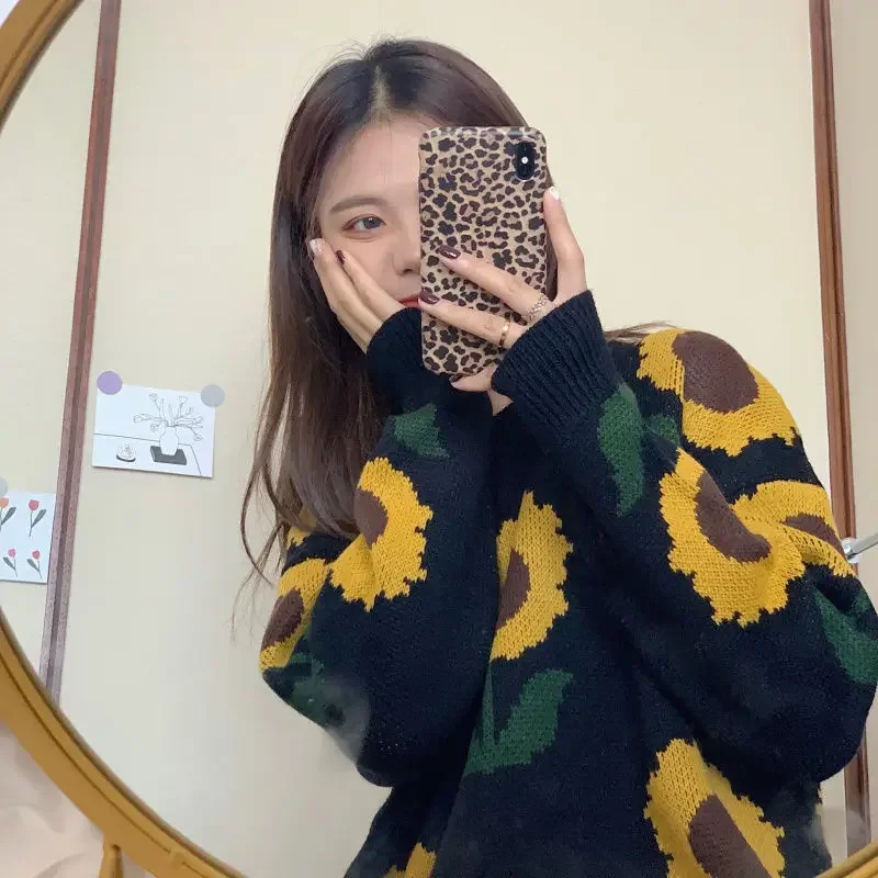 2024 Autumn and Winter Korean Version Outerwear Pullover Sunflower Knitted Sweater Women\'s New Round Neck Knitted Pullover