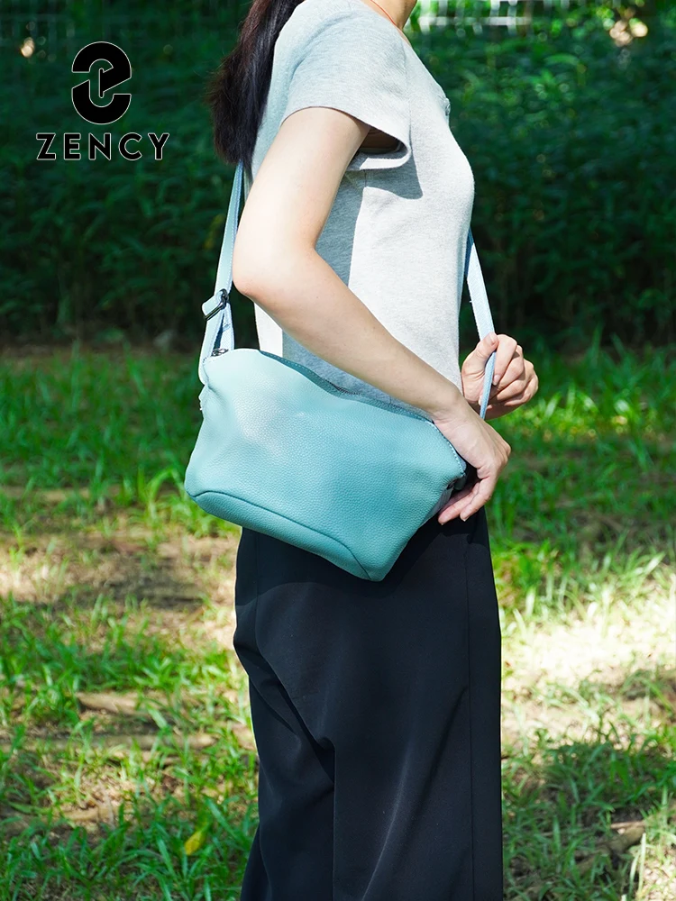 Zency Simple Cowhide Leather Shoulder Bag For Women Zip Pockets Adjustable Strap Shoulder Crossbody Beige Handbag Purse