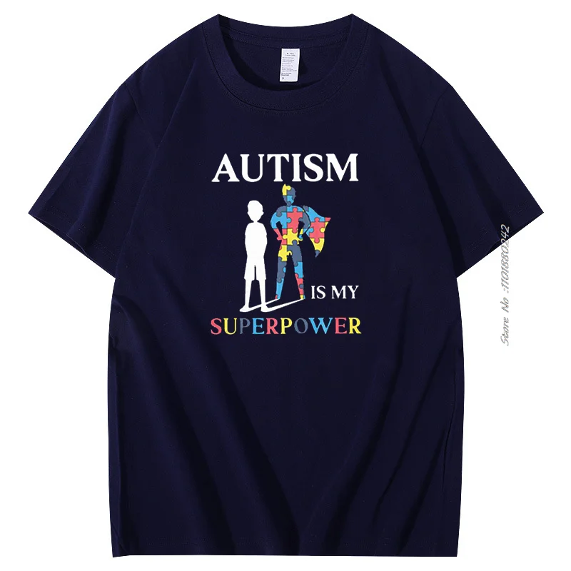 Autism Is My Super Power Puzzle Piece Cotton Funny men\'s short sleeve t-shirt Autism Graphic Tee Summer Men\'s clothing