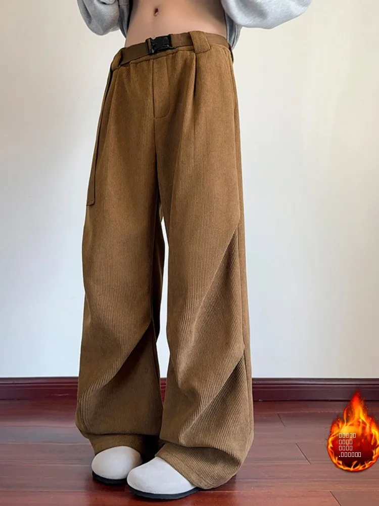 

Американские вельветовые брюки в стиле ретро для мужчин, зимние утепленные брюки-парашюты, повседневные прямые брюки с карманами и застежкой-молнией