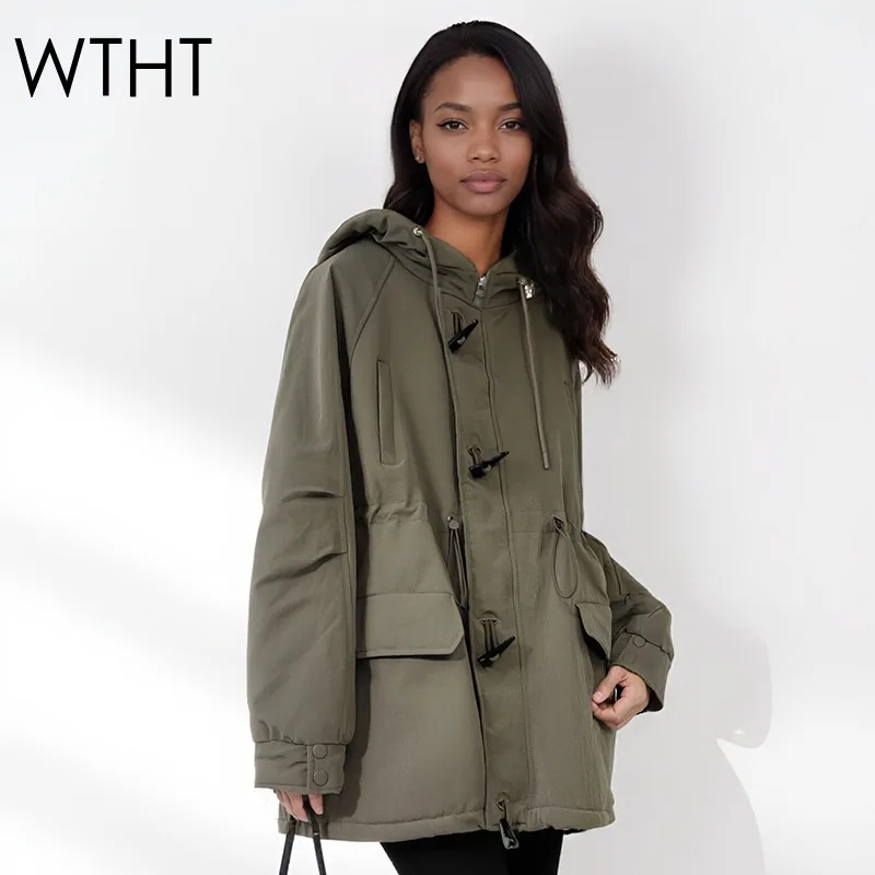 

WTHT модная женская стеганая куртка со шерстяной подкладкой, новинка зимы 2025, свободное пальто с капюшоном и длинными рукавами, женское 1LS2695