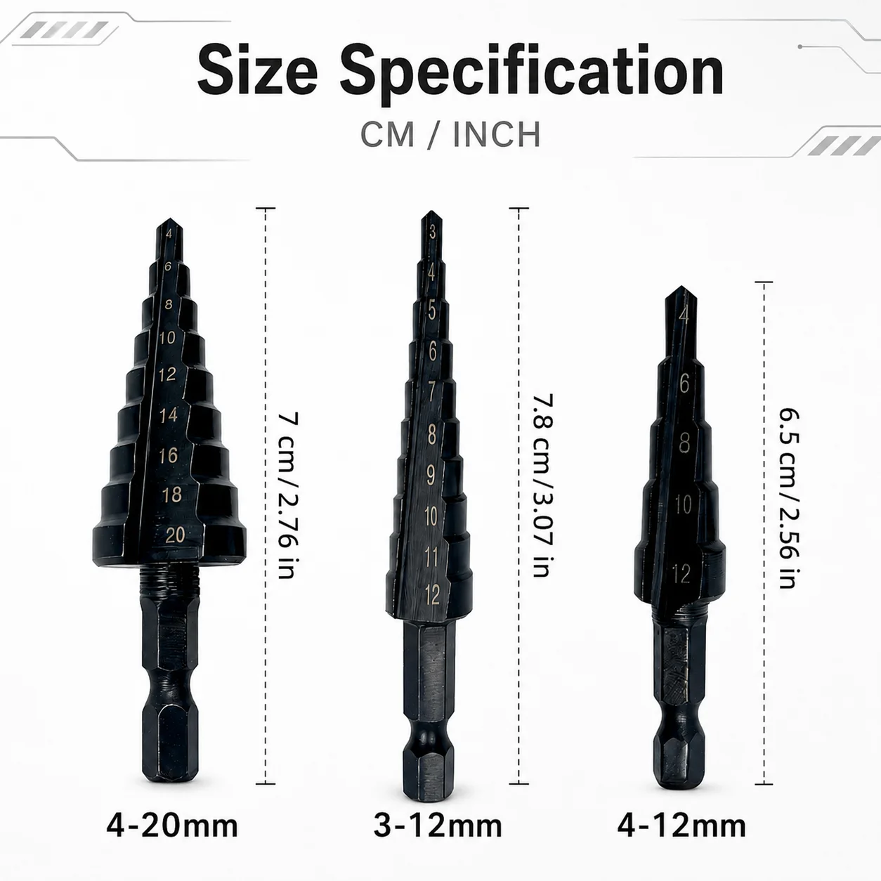 3Pcs Black Oxide Step Drill Bit Set 3-20mm, 1/4