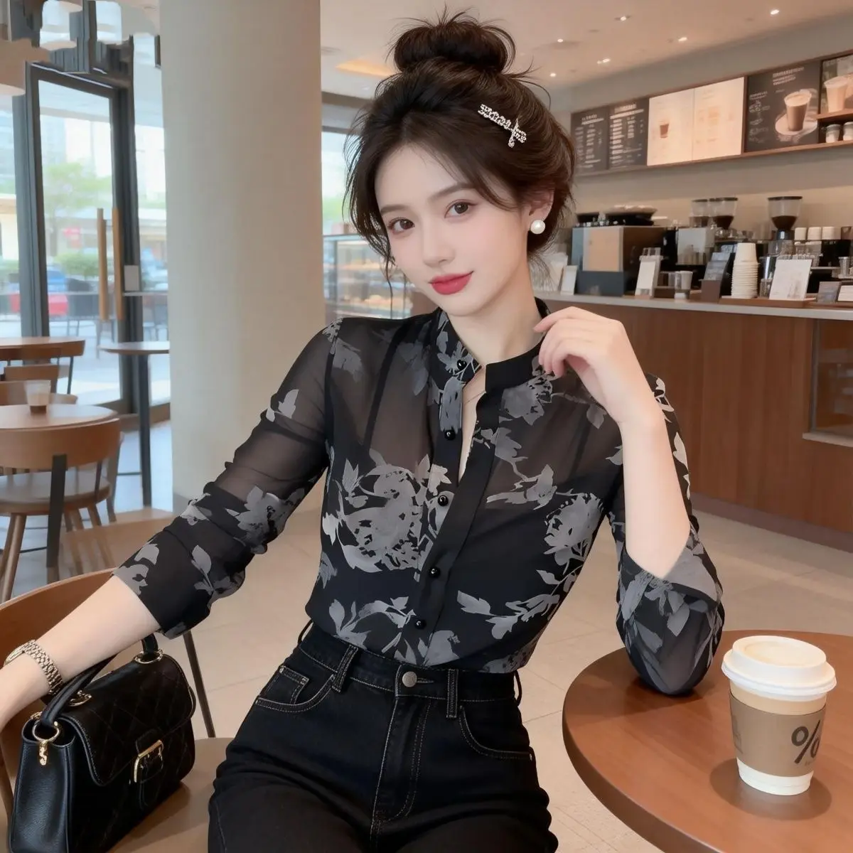 

Женская рубашка с цветочным принтом и длинными рукавами, облегающая, модная, весенне-летняя, повседневная, из полиэстера