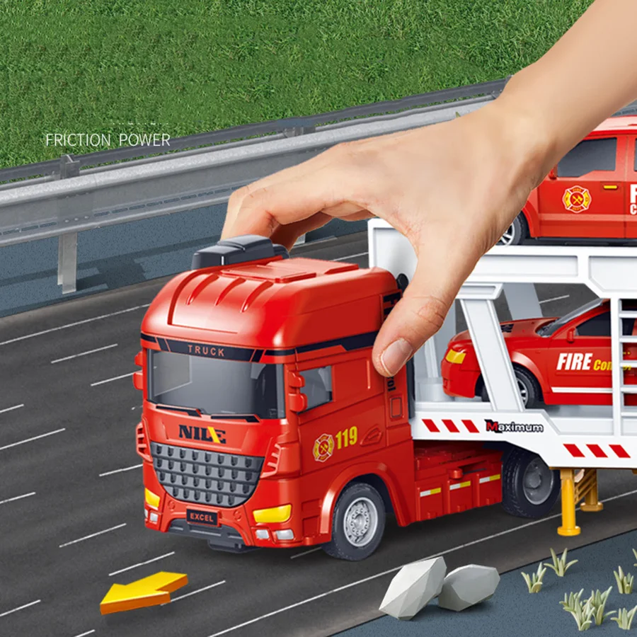 1pcs 1:50 Ratio Police Engineering Trailer Model Toy Simulation Alloy Double Deck Tractor Transport Door Open Sound Gift