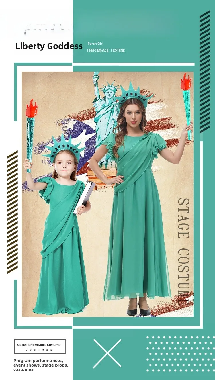 Disfraz de loween Godd Long Dr para padres e hijos, libre para iluminar el mundo, estatua, ropa de rol, talla grande, escenario étnico Co...