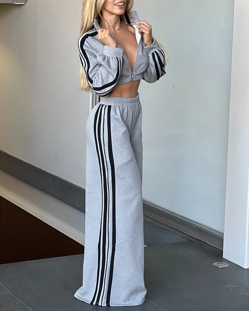 Women's Casual Zipper Striped Long Sleeve Crop Top & Wide Leg Pants Set Spring New Fashion Womens Casual Pocket Trousers Outfits