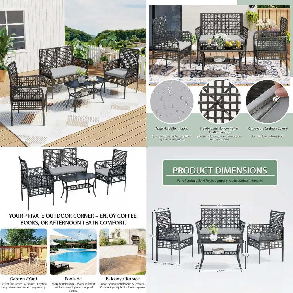 مجموعة أثاث فناء الروطان المقاوم للطقس مع طاولة قهوة من طبقتين وكراسي منجدة مخرمة لمنطقة المحادثة