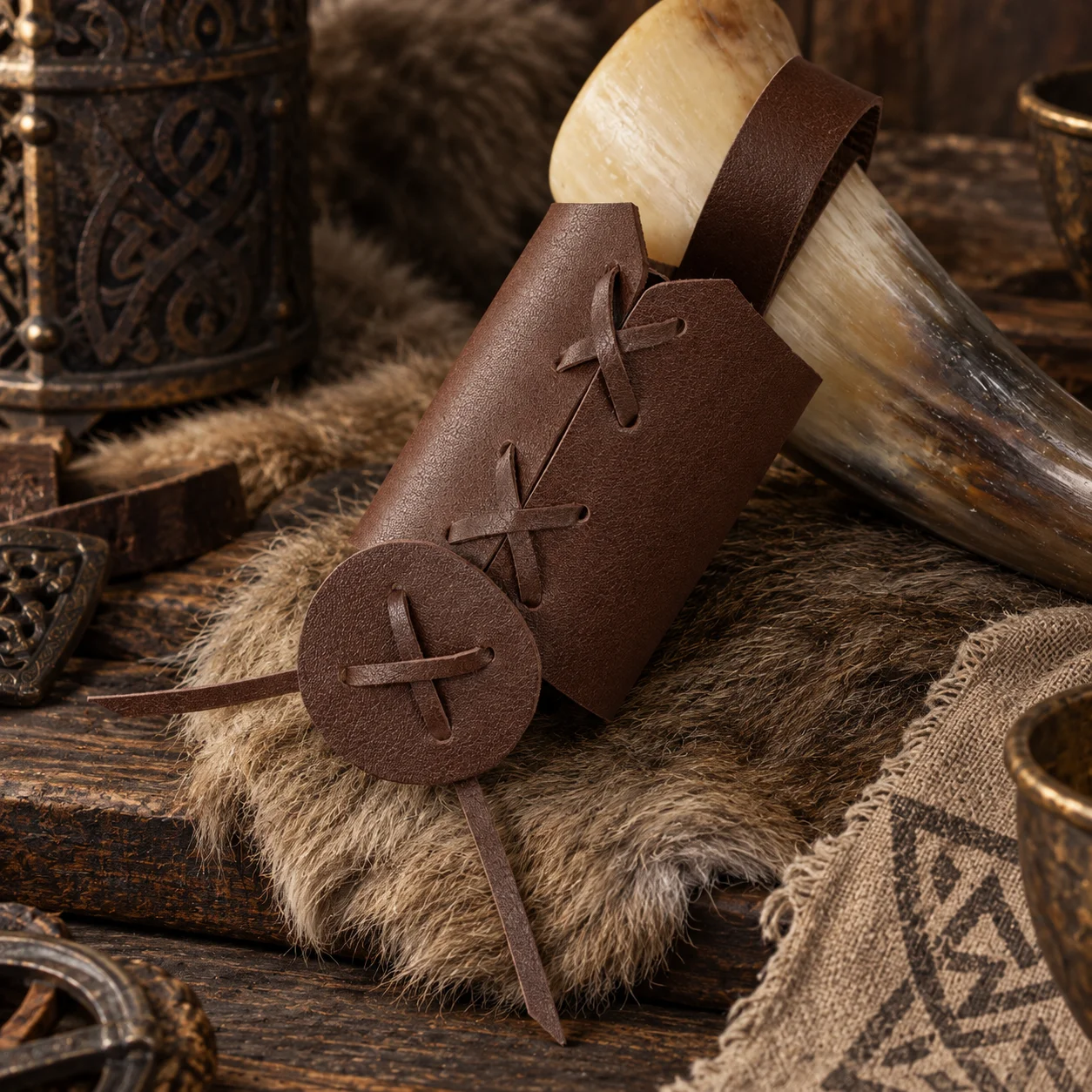 Cup Holder PU Leather Cup Sleeve Beer, Medieval Portable Jug Hanger Horn Viking