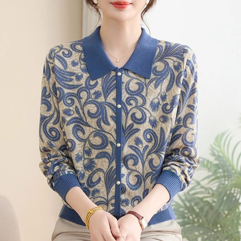 

Осень 2022, новый вязаный женский свитер с длинными рукавами и воротником-поло, модный базовый свитер с принтом на пуговицах