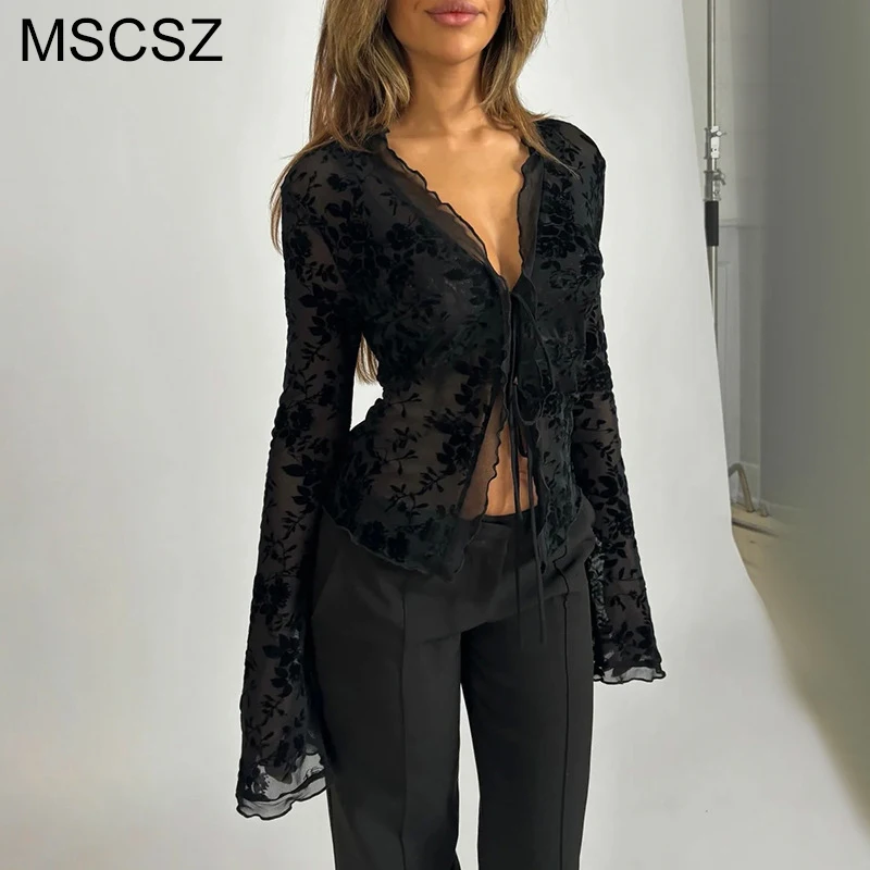 MSCSZ Black Floral Blouses For Women V-Neck Long Sleeve Crop Top Tie Front Ruffle Mesh Blouse Sexy Spring Summer Tops