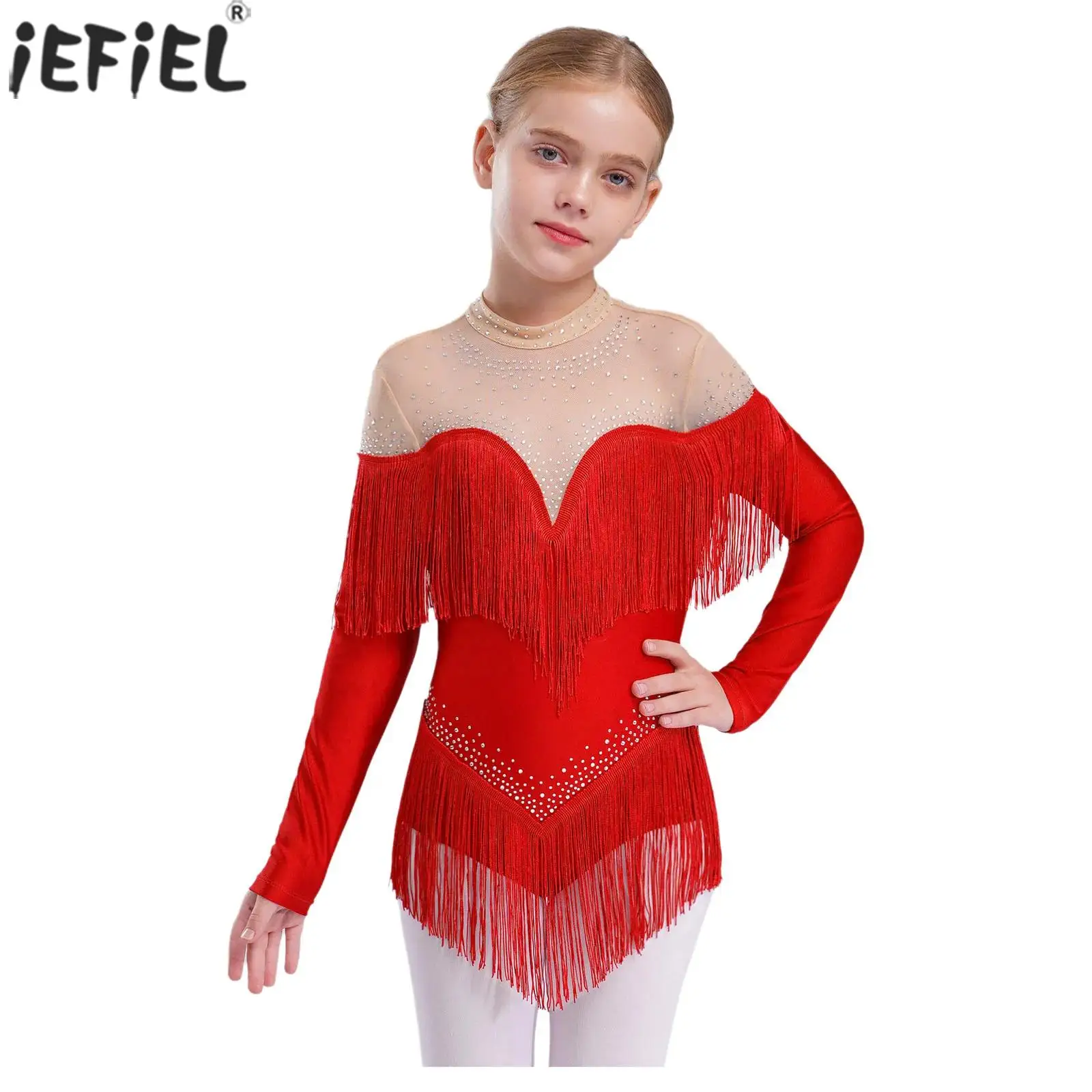 

Kids Girls Tassel Latin Dance Leotard Figure Skating Tango Cha-Cha Samba Dancewear Long Sleeve Sheer Mesh Rhinestones Bodysuit
