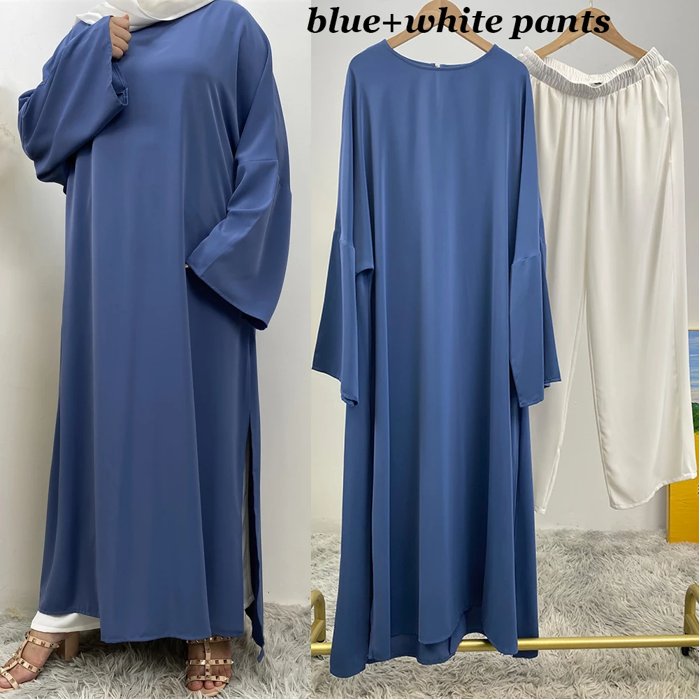 Fashion Solid Pants Two Clothing Turkish Slit Dress Ramadan Dress Muslim Abayas For Woman Moroccan Islam Casual Kebaya Clothing