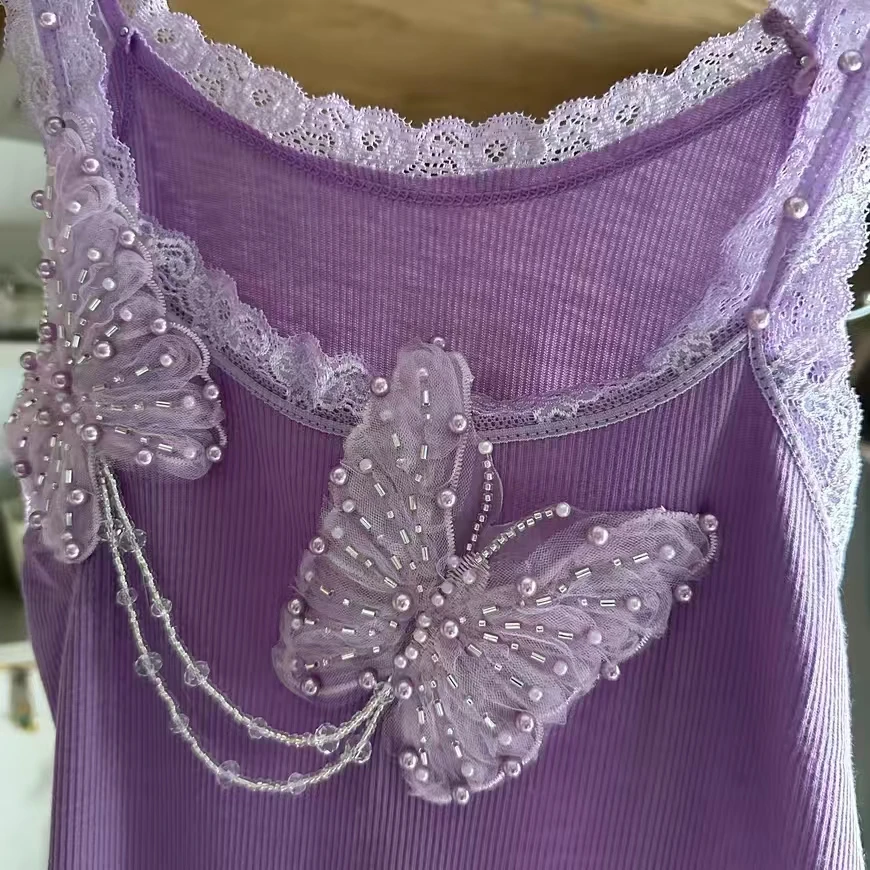 New In Y2K Clothes Butterfly Beading Tassel Stitch Tanks & Camis For Women 2024 Summer Purple Tank Top Woman Clothing