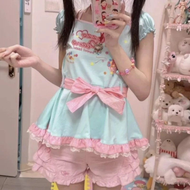 Japanese Kawaii Cartoon Print Lolita T-Shirts Women Summer Sweet Bow Halter Neck Bandage Short Sleeve Cotton Tops Y2k Cute Tees