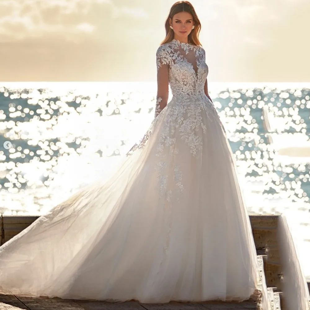 

Boho High Neck Wedding Dresses Long Sleeve Lace Appliques Modern Button Bride Gowns Illusion Backless vestido de novia