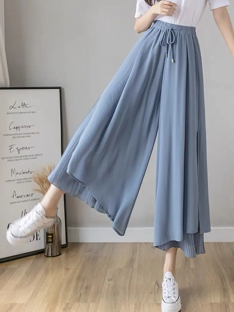 Summer Skirts Pants Design Calf Length Trousers Women Pleated Chiffon Fake 2 pieces Office Streetwear Asymmetrical Flowy Swing