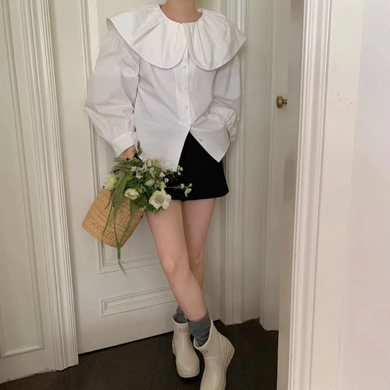 Spring Autumn New Fashion Doll Collar Long Sleeve Solid Color Blouses Women's Clothing Sweet Button Korean All-match Chic Shirts