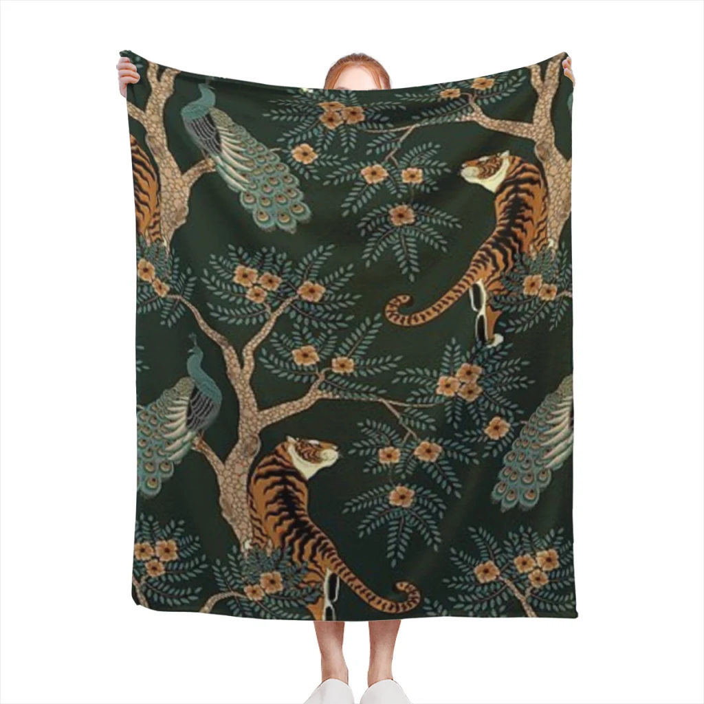 Vintage tiger and peacock in the jungle Medium Blanket Fluffy Soft Bedroom Decor Sofa Blankets Comforter Home and Decoration