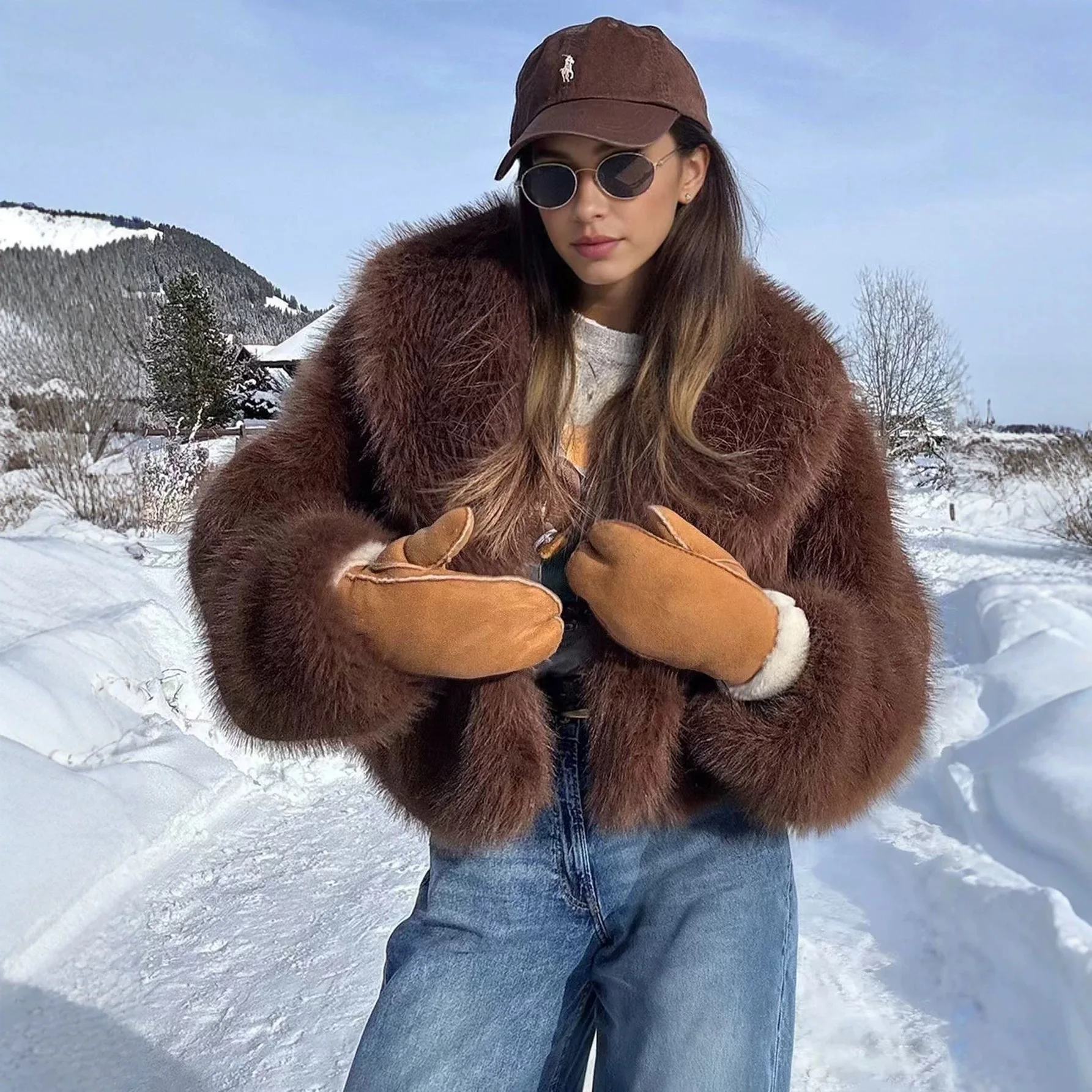 Coats Women Solid Fur Jackets Turn Down Collar Long Sleeve Open Stitch Thick Warm Fur Loose Casual 2025 Autumn Winter