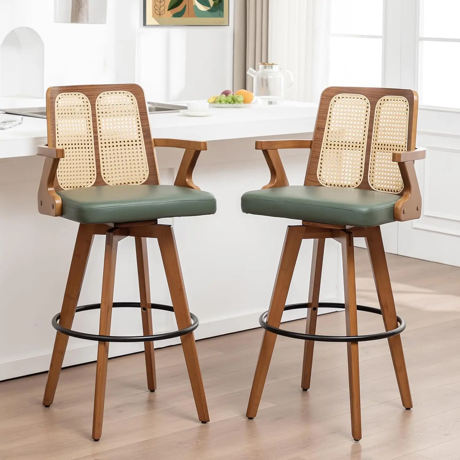 Swivel Bar Stools Set of 2 - 30 inch Mid Century BarStools with Curved Backs and Arms, Walnut Bentwood, Faux, Customized