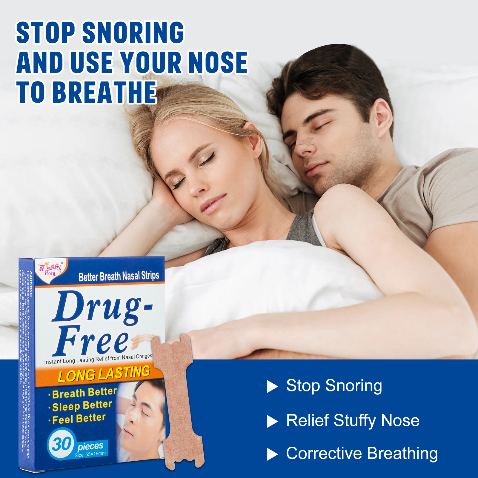 Drop Ship 30 Pieces/Box Better Breath Anti Snore Strips 55X16cm Breathe Right Aid Sleep & Snoring Stop Snore Plaster Nose