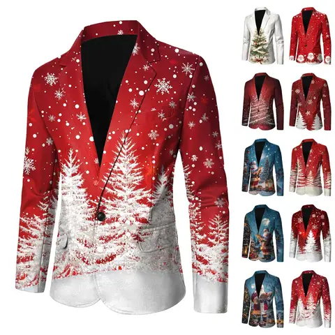 Ein-Knopf-Weihnachtsbedruckte Anzugjacke für Herren, V-Ausschnitt, schmale Passform, Taille, interessant, Winter, warm, verdickt, einfarbig