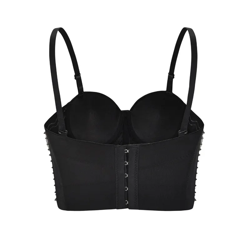 Punk Silver Rivets Off-shoulder Bralette Corset Women Sexy Lingerie Black Push Up Unwired Bra Top Dance Underwear Clubwear