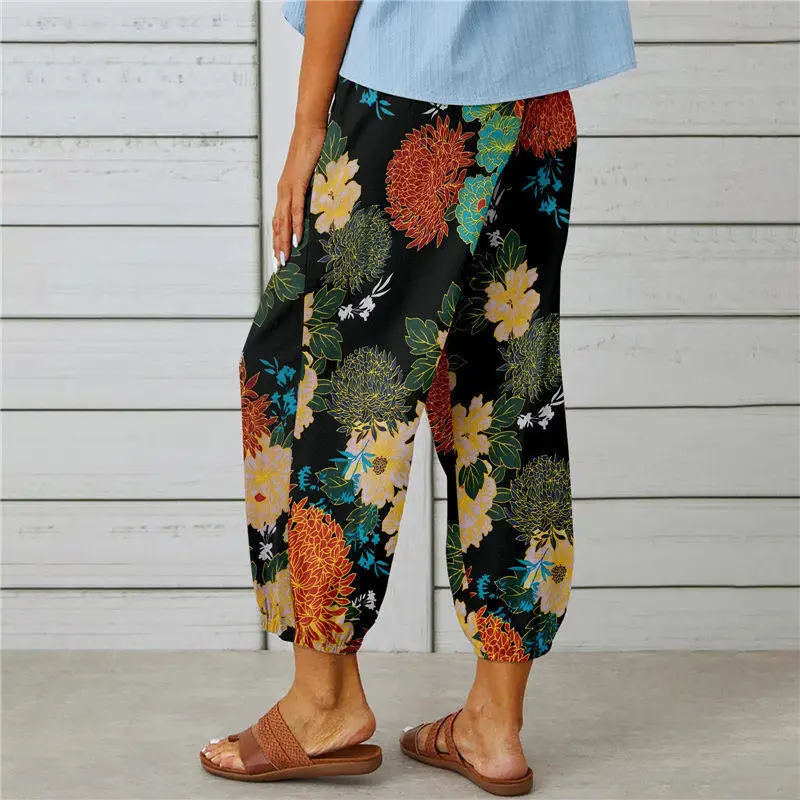 Dameskleding Retro Boho Print Katoenen Linnen Enkellange Harembroek Y 2K Zomer Casual Hoge Taille Trekkoord Broek Pantalones