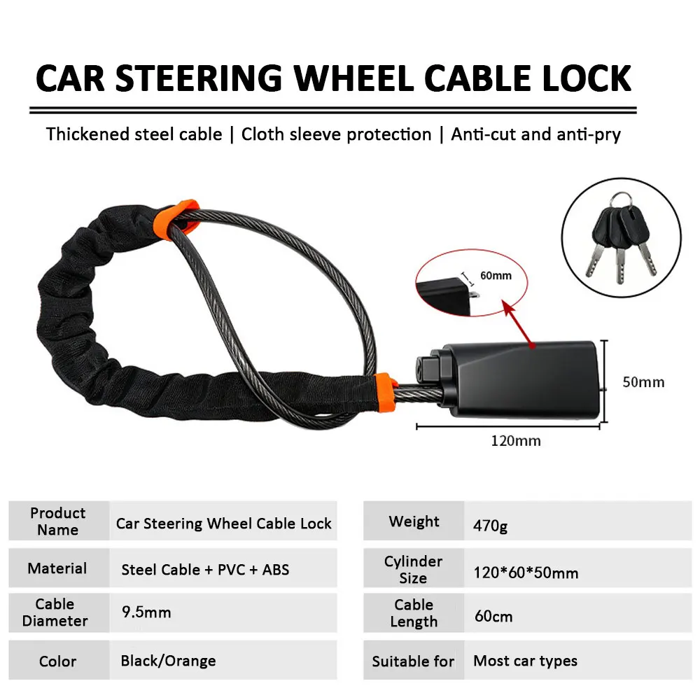 Car Steering Wheel Lock With Seat Belt Socket Steel Rope For Truck SUV Van RV With 3 Keys Universal Anti Theft Protection Device