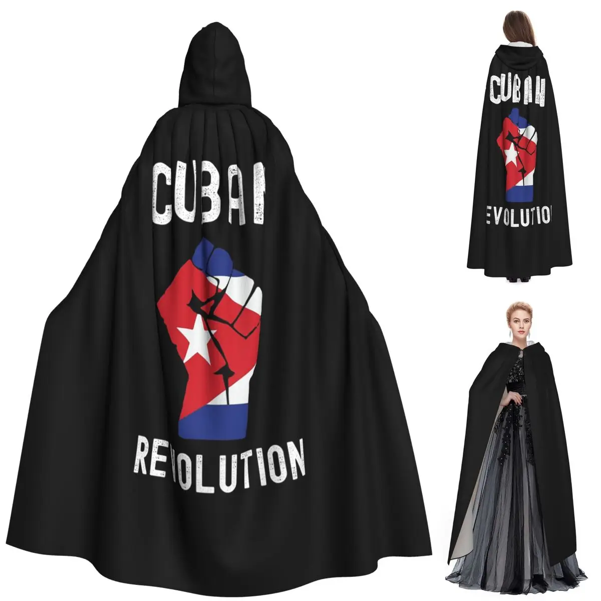 Revolución cubana Diseño de bandera de Cuba Capa larga con capucha vintage Disfraz medieval de bruja Capa de cosplay Abrigo de Halloween Adulto Unisex