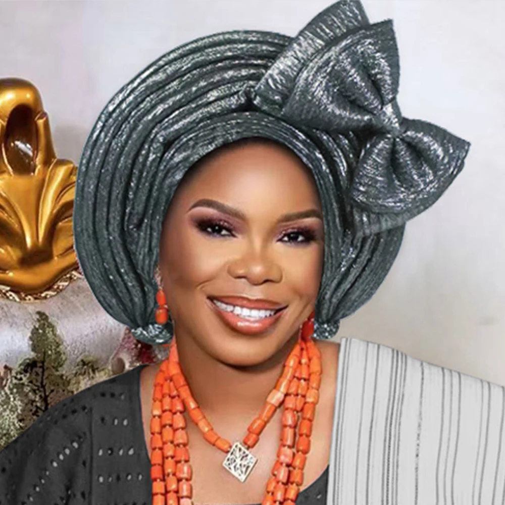 القوس السيارات Gele ربطة الرأس المرأة الأفريقية أشرطة رأس نيجيريا الزفاف Geles حفلة القبعات سيدة عمامة قبعة المصنوعة بالفعل بونيه الحجاب #3