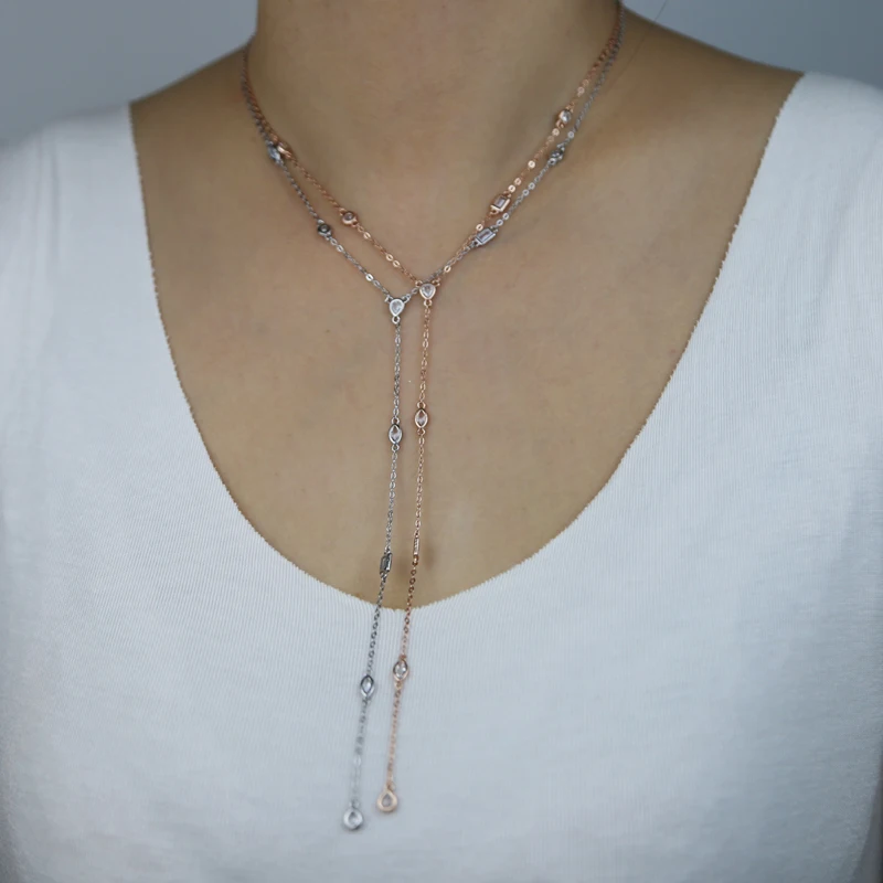 American Fashion 925 Sterling Silver White Water Drop Oval Cz Link Chain Long Sexy Ladies Y Lariat collana gioielli clavicola