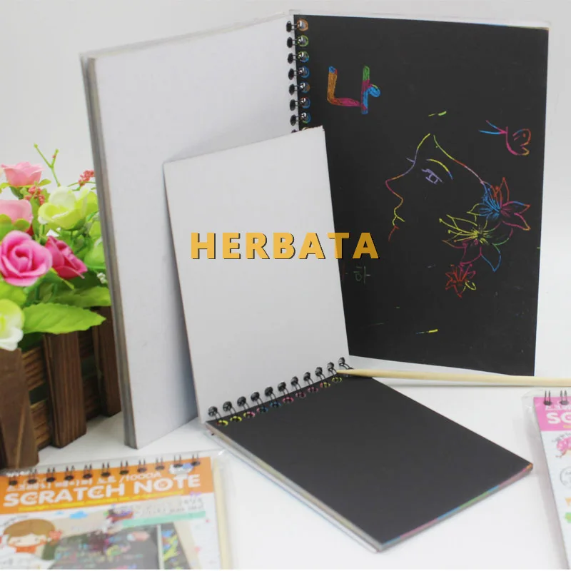 HERBATA Scratch note Black cardboard Creative DIY draw sketch notes for kids toy notebook zakka material Escolar School Supplies