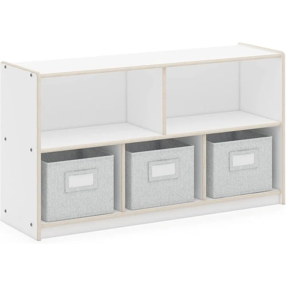 

24 White Multi-Purpose Bookcase with Fabric Bins: Storage Solution for Toys and Books in Homeschool or Classroom