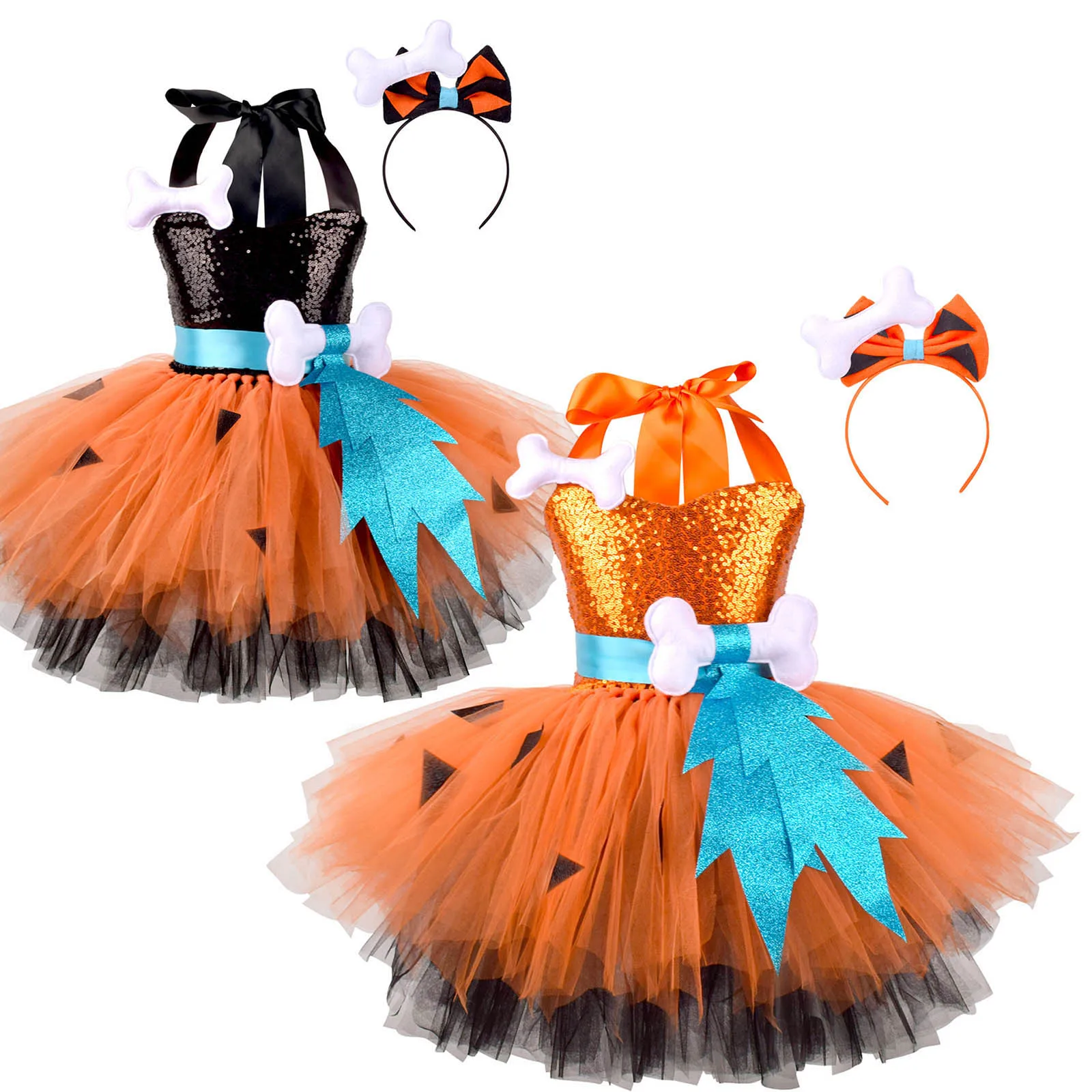 الفتيات الكهف زي Cavegirl الترتر فستان الرسن الرقبة ثلاثية الأبعاد العظام منتفخ تنورة مع مجموعات أغطية الرأس لحفلة الهالوين تأثيري #6