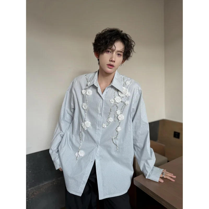 

Faionable Diamond Lace Design Striped Long Sve Men's irt Spring Summer Casual Luxury Feel Korean Sle Faion Trend