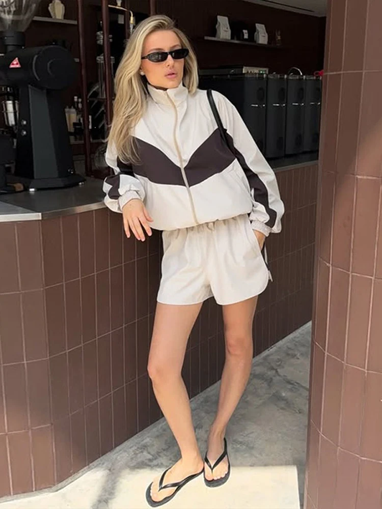 Women's Shorts 2 Pcs Sets Stand Collar Lantern Long Sleeve Zipper Coats Elastic Waist Short Pants Chic Lady Panelled Loose Suits