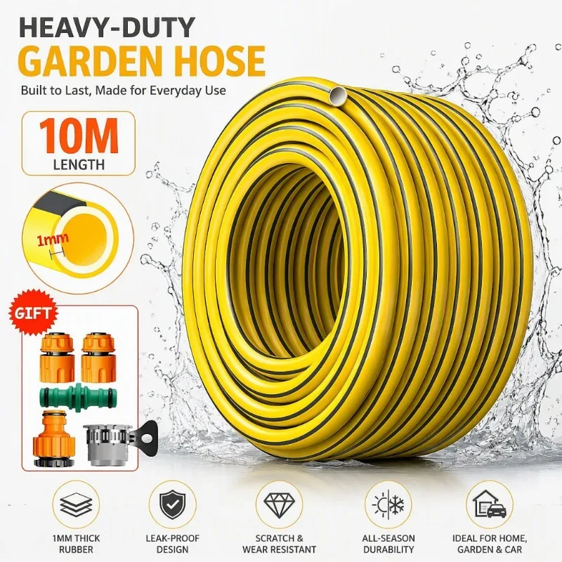 10M 1/2 Inch Rubber Garden Hose Wear Resistant Leakproof Pipe With 1/2 Inch Quick Connectors For Garden Irrigation Car Washing