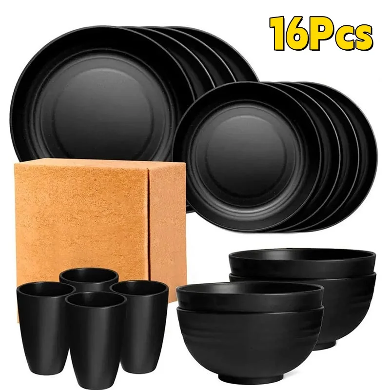 

16 Pieces/Sets Wheat Fiber Plastic Dinnerware Set Can Safe Use To Microwave & Dishwasher,Plates Bowls Cups Home/Commercial Use