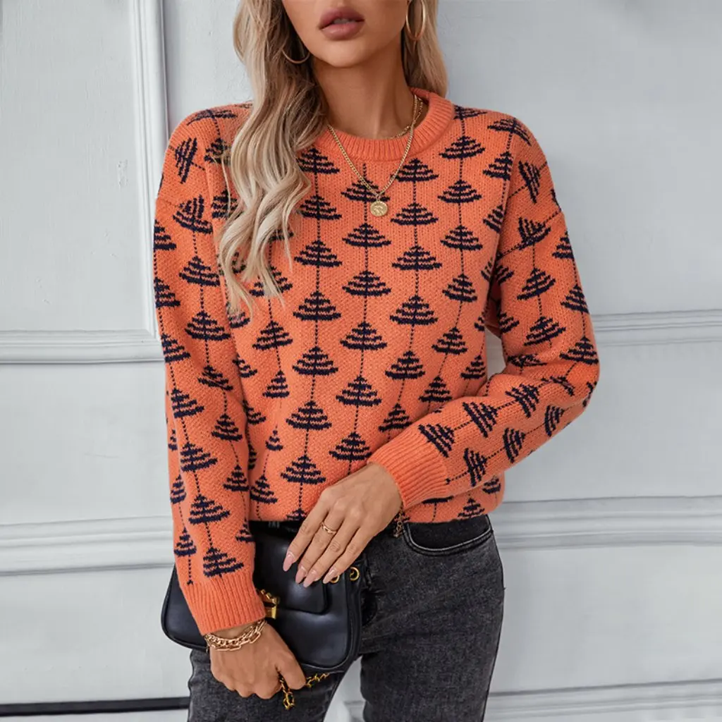 

Women's Jacquard Pullover Sweater Loose Crewneck Long Sleeve European American Fashion Drizzle Autumn Winter All-match