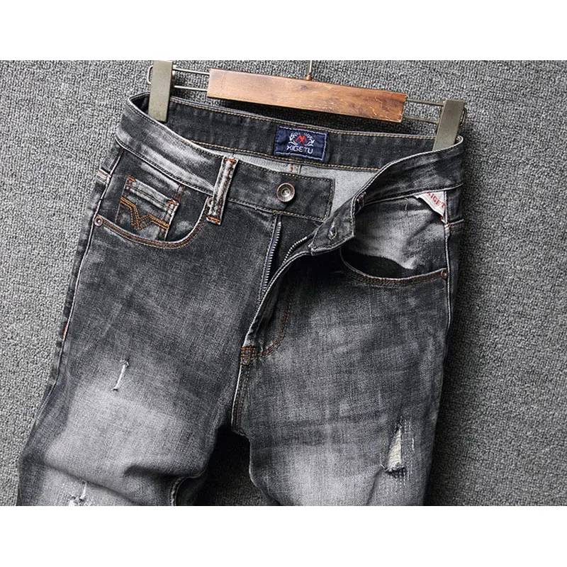 Newly Designer Fashion Men Jeans High Quality Retro Black Gray Elastic Slim Fit Ripped Jeans Men Vintage Patched Denim Pants