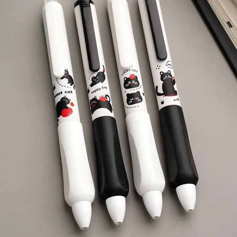 4Pcs 0.5mm Erasable Push Button Pens Black Kitten Design Smooth Writing Stationery for Elementary Students\