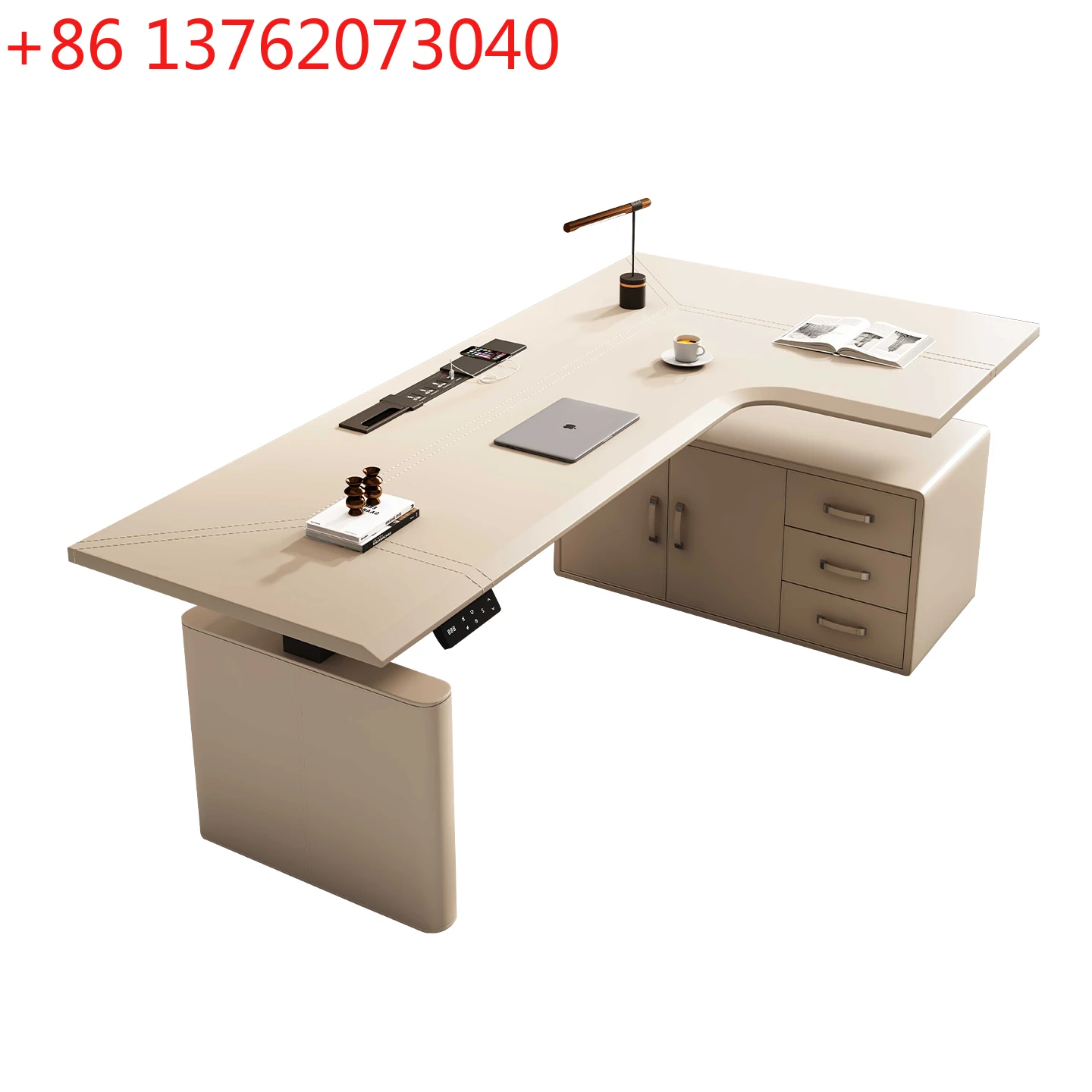 Corner electric lift table saddle leather smart computer table L shape
