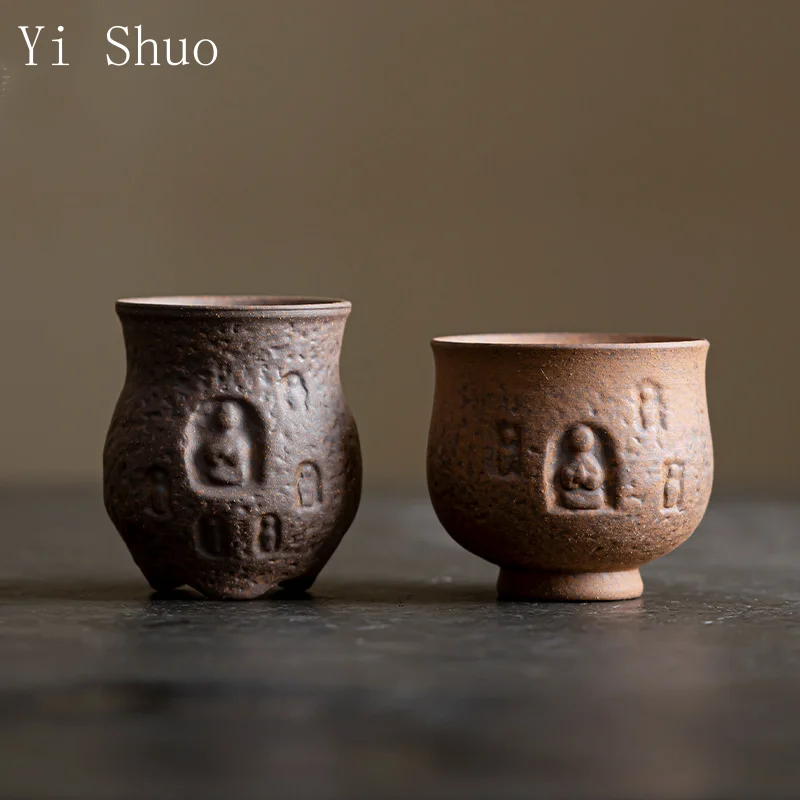 

Vintage Tea Cup Retro Relief Dunhuang Master Cup Household Ceramic Kung Fu Tea Set Handmade Coarse Pottery Teacup