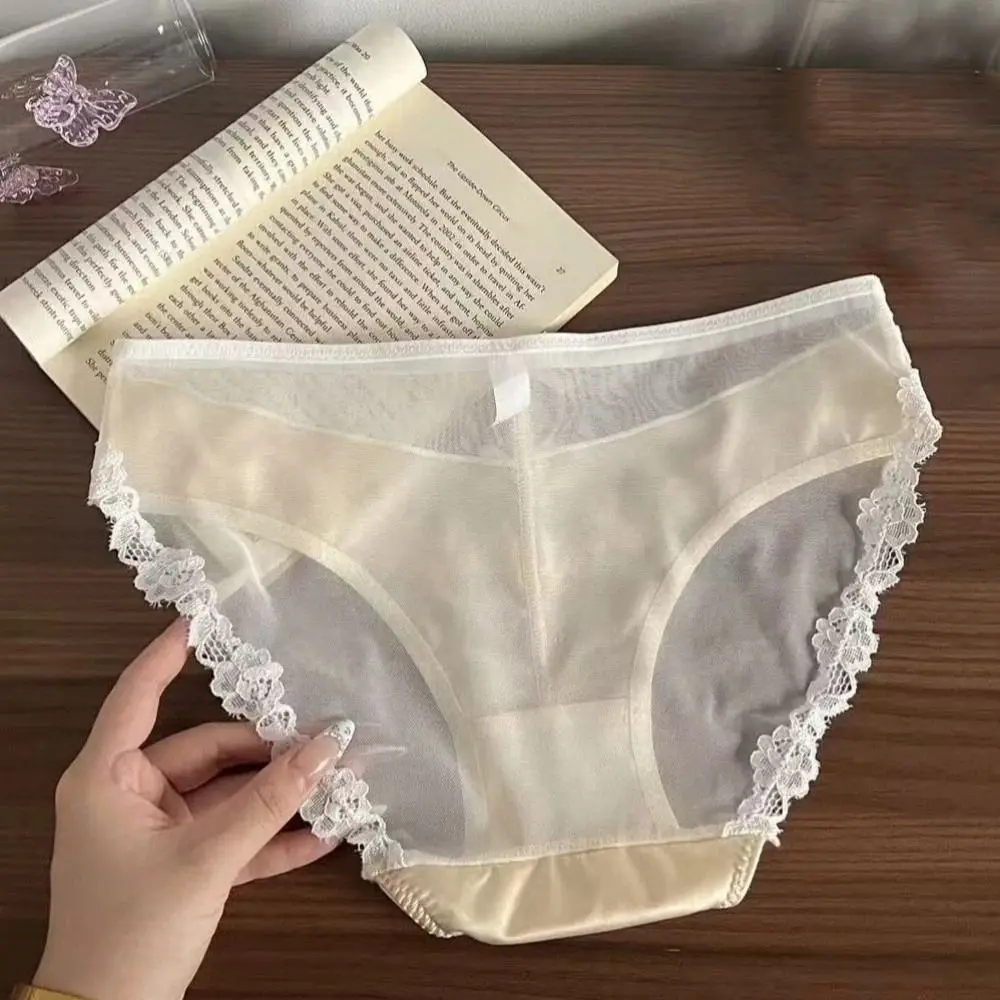 

Fashion Bow Lace Flower Panties Transparent Seamless Underwear for Women Patchwork Mid Waist Mesh Lace Briefs Comfortable