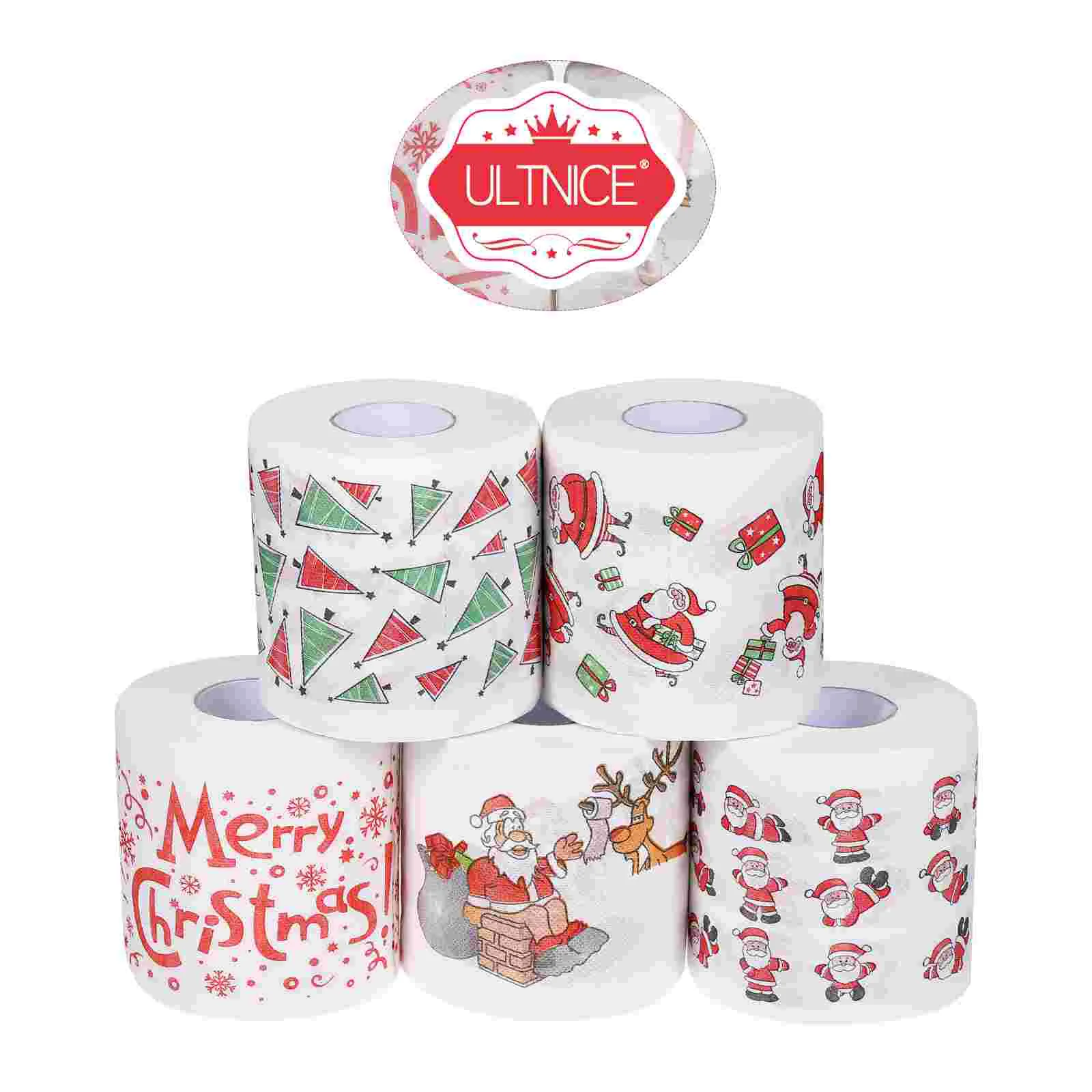 Ultnice 5 Rollen Kerstpatroon Toiletpapier Rollen Kerstman Clausule Badje Tissues Papieren Wegwerp Servetten