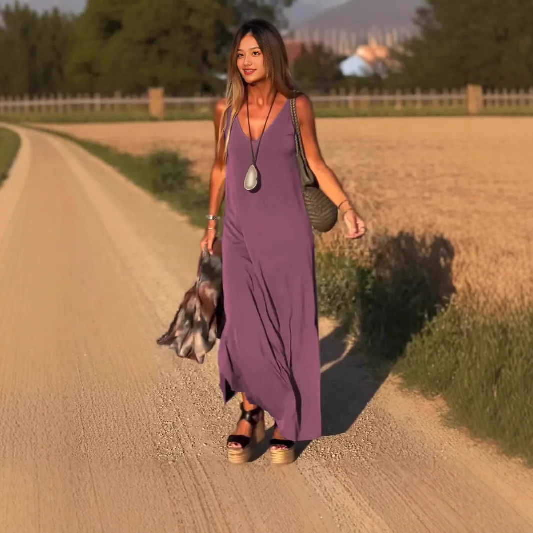 Solido Moda Elegante Casual Boho Abiti Per Le Donne Robe Femme Abiti Nuova Estate delle Donne Sexy Con Scollo A V Della Cinghia di Spaghetti Vestito